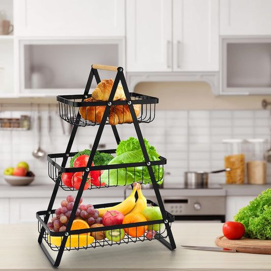 wooden handle counter top 3-tier fruit and vegetable stand